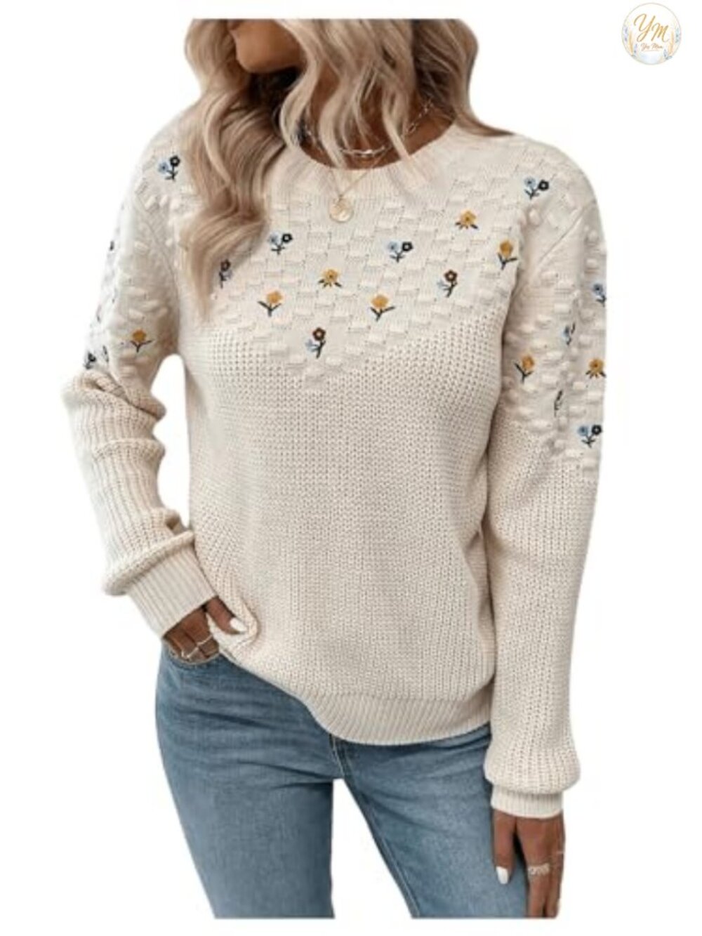 Women's Floral Embroidered Knit Pullover Sweater Long Sleeve Crew Neck